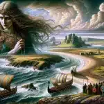 An illustration of the Norse goddess Freya watching over the Viking invasion of Britain.