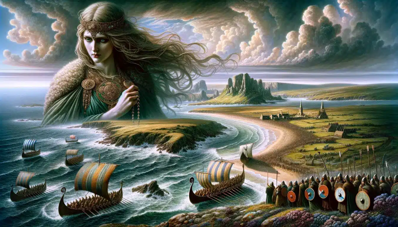 An illustration of the Norse goddess Freya watching over the Viking invasion of Britain.