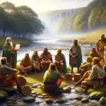 An illustration of Celtic people sitting by a riverbank receiving a lesson. Were beliefs in witchcraft and Celtic Britain the same?