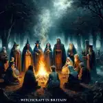 Witches from across British history stand and sit around a campfire under trees in the moonlight.