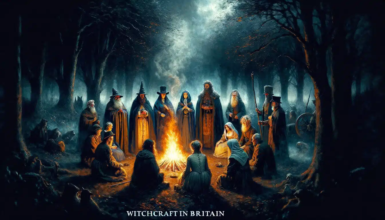 Witches from across British history stand and sit around a campfire under trees in the moonlight.