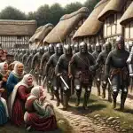 A scene from the medieval period depicting Norman soldiers in their distinctive armor, marching through an English village. The soldiers are shown in a formation, showcasing their disciplined military might. In the foreground, a group of old women, dressed in traditional Anglo-Saxon clothing, are visibly frightened and taken aback by the imposing presence of the Norman troops. The women's expressions and body language convey their fear and uncertainty as they witness the soldiers' procession. The setting is rustic, with thatched-roof cottages and a cobblestone path, capturing the historical context and the tension between the Norman conquerors and the local population.