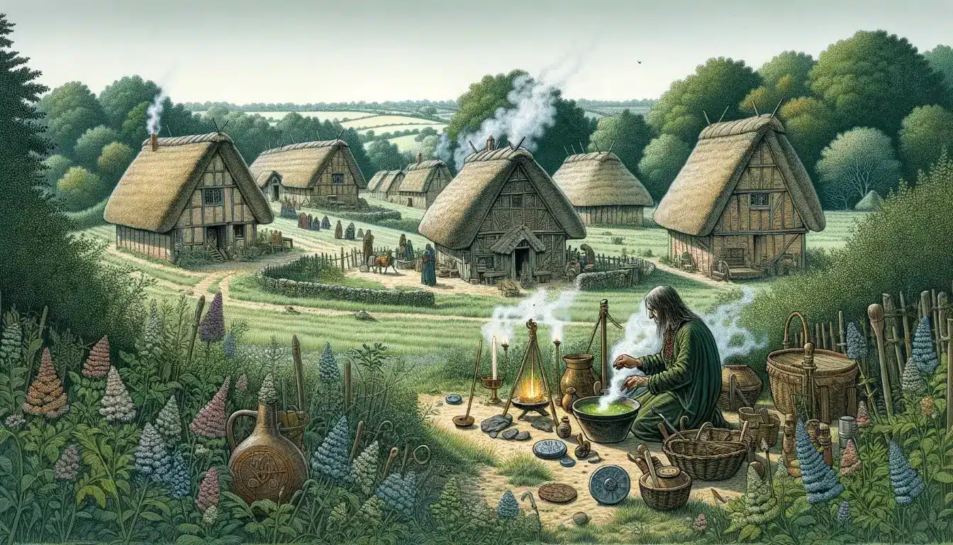 A man works with herbs over a steaming cauldron outside a Saxon village to illustrate witches in Saxon Britain.